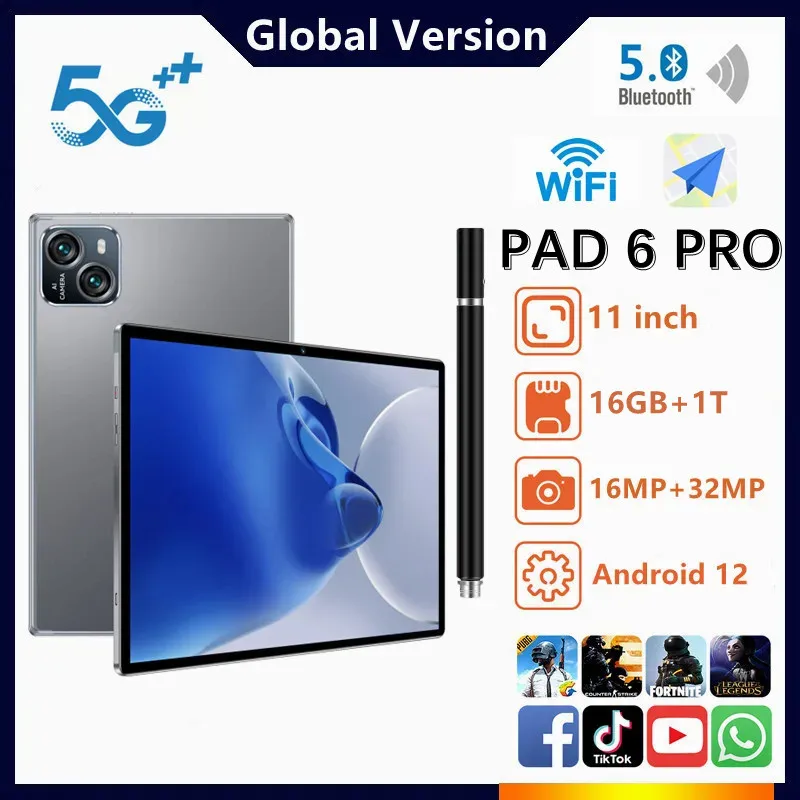 2023 Global NEW Pad 6 ProTablet  Android12 11 Inch 16GB 1T 10000mAh 5G Dual SIM Phone Call GPS Bluetooth WiFi Google Tablet PC