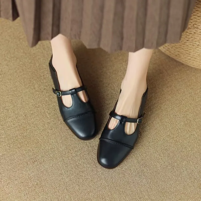 New Retro Women's Oxford Shoes Low Heels T Strap Shoes for Female Black Buckle Strap Leather Shoes Girls