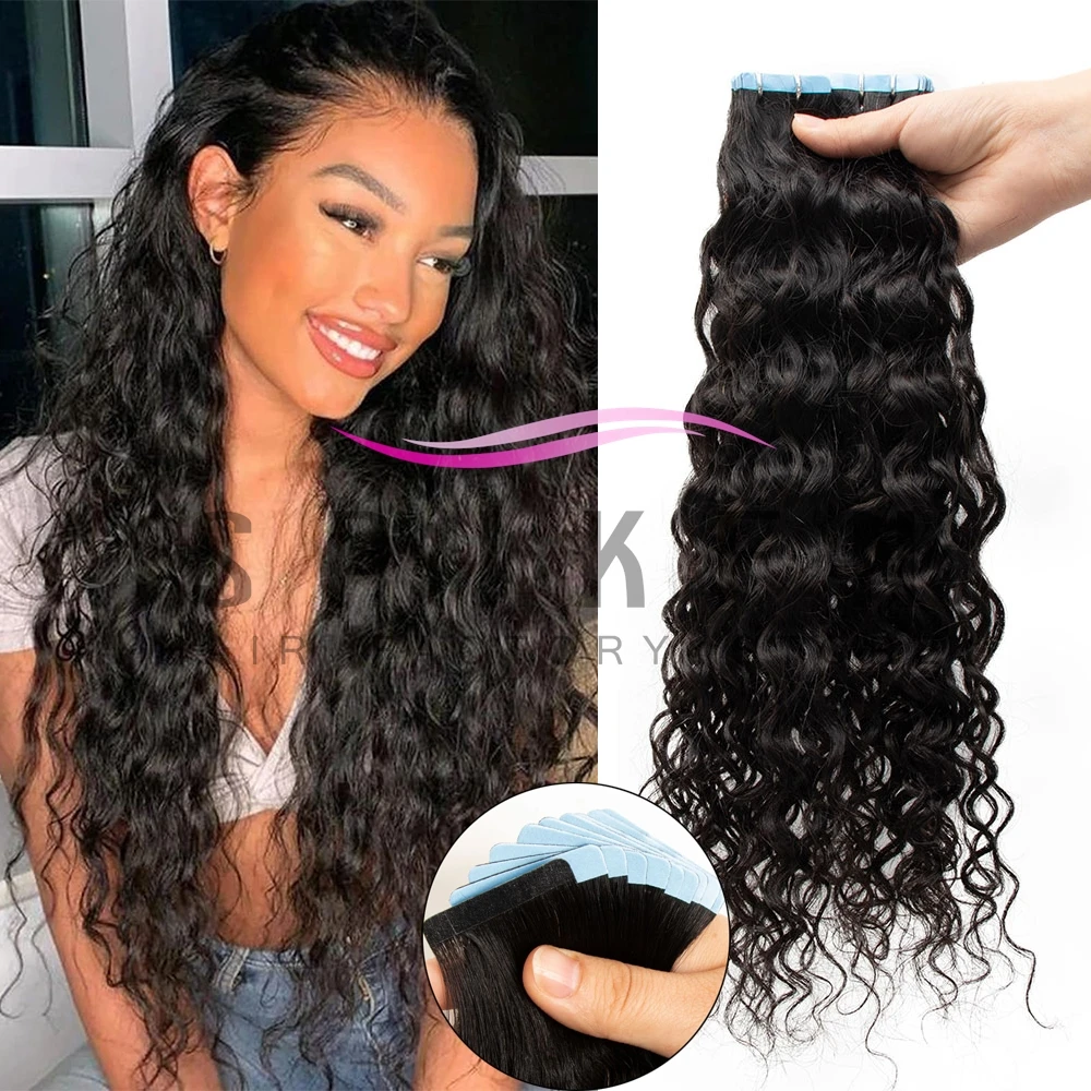 SPIKFN Water Curly Wave Tape in Human Hair Extensions 40-50G Remy Curl Wet and Wavy Hair Bundles 12