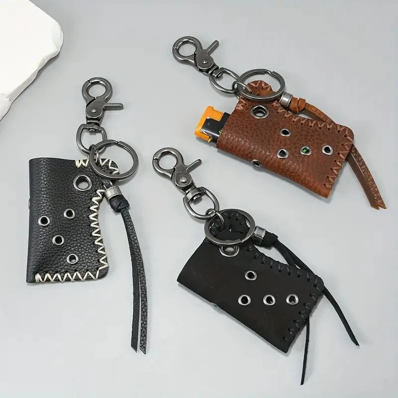 Retro Handmade Soft Cowhide Lighter Leather Case Design Keychain For Men's Storage Key Chain Exposed Convenient Lgniter Case