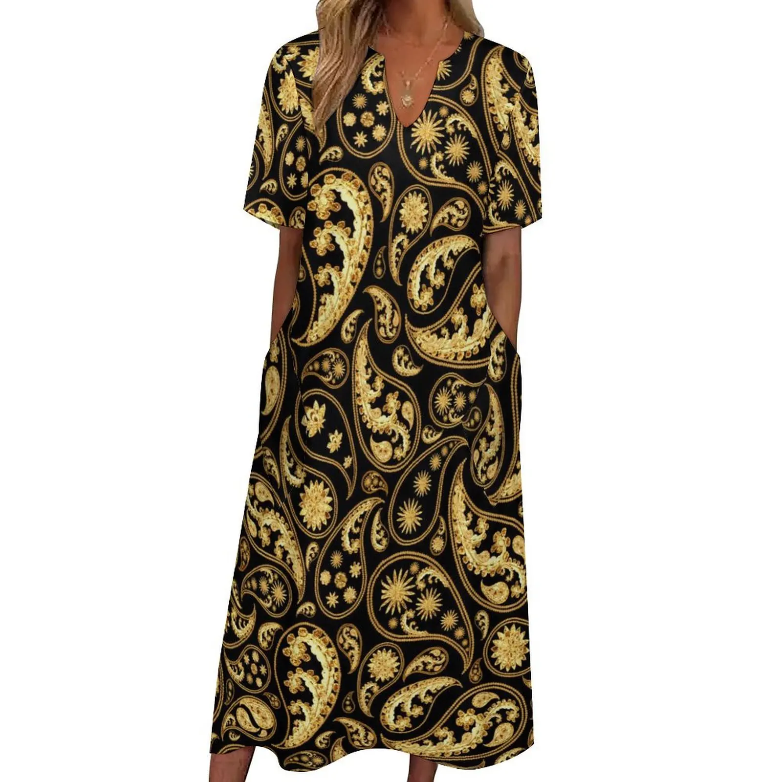 

Traditional Paisley Dress Summer Vintage Print Korean Fashion Casual Long Dresses Female Graphic Cute Maxi Dress 3XL 4XL 5XL