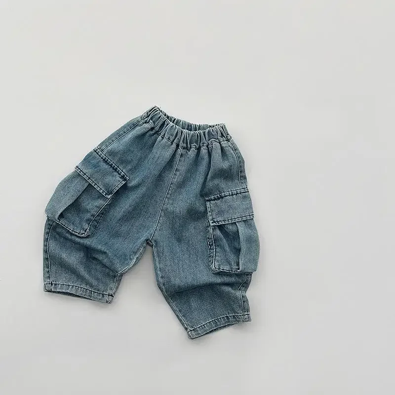 

Spring New Children Loose Jeans Fashion Baby Girls Solid Versatile Casual Pants Toddler Boys Pocket Denim Trousers Kids Clothes