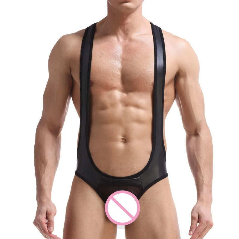 Sexy Mens Undershirts Jockstrap Mesh Open Crotch PU Leather Jumpsuits Wrestling Singlet Underwear Lingerie Latex Gay Bodysuits