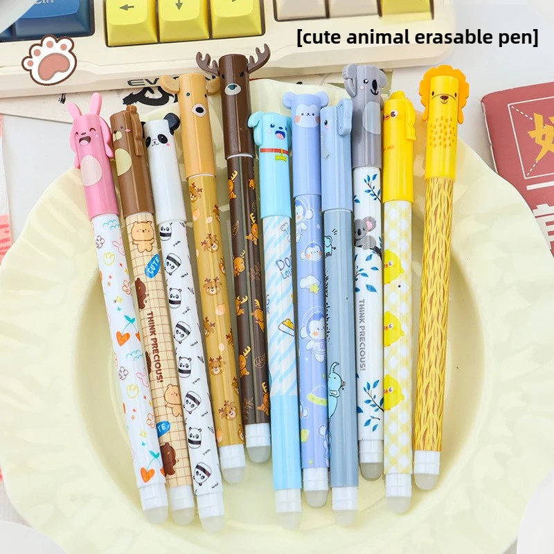 

12 Pcs Cute Cartoon Small Animal Erasable Needle Head 0.38mm Crystal Blue Erasable Pen Thermal