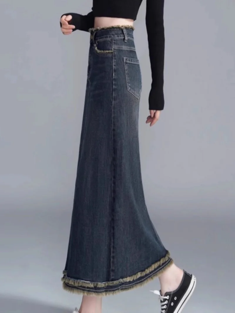 تنورة دينم نسائية عصرية جديدة لعام 2025، تنورة طويلة طويلة بخصر عالٍ على شكل حرف A مع تفاصيل هامشية، أنيقة وغير رسمية w1837