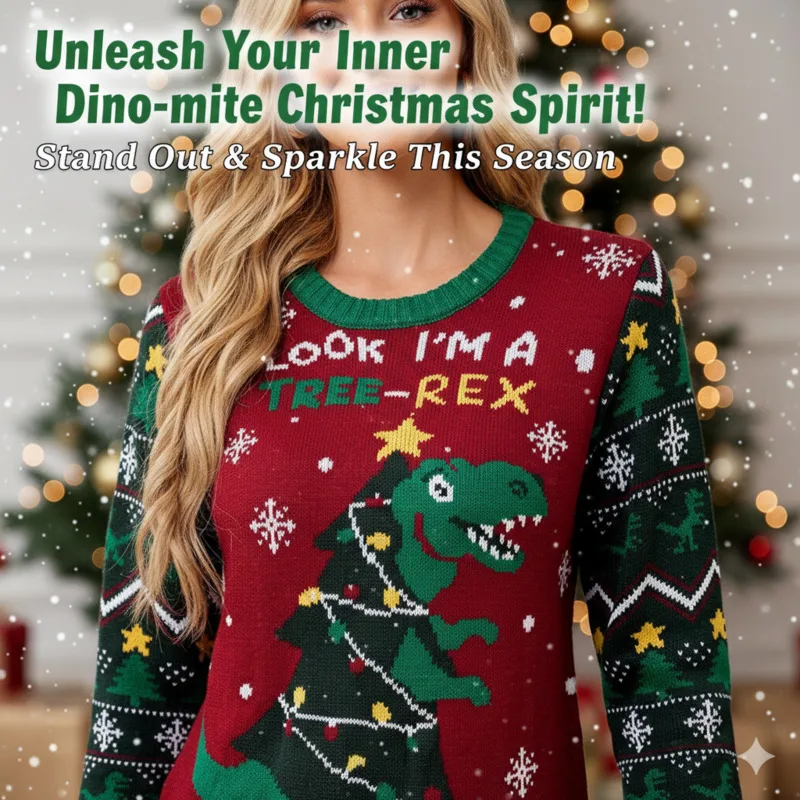 

Christmas Dinosaur Print Sweater Girl Full Coat Knit Pullover Soft Loose Knitwear New Year Costume Xmas Jumpers Holiday Top New