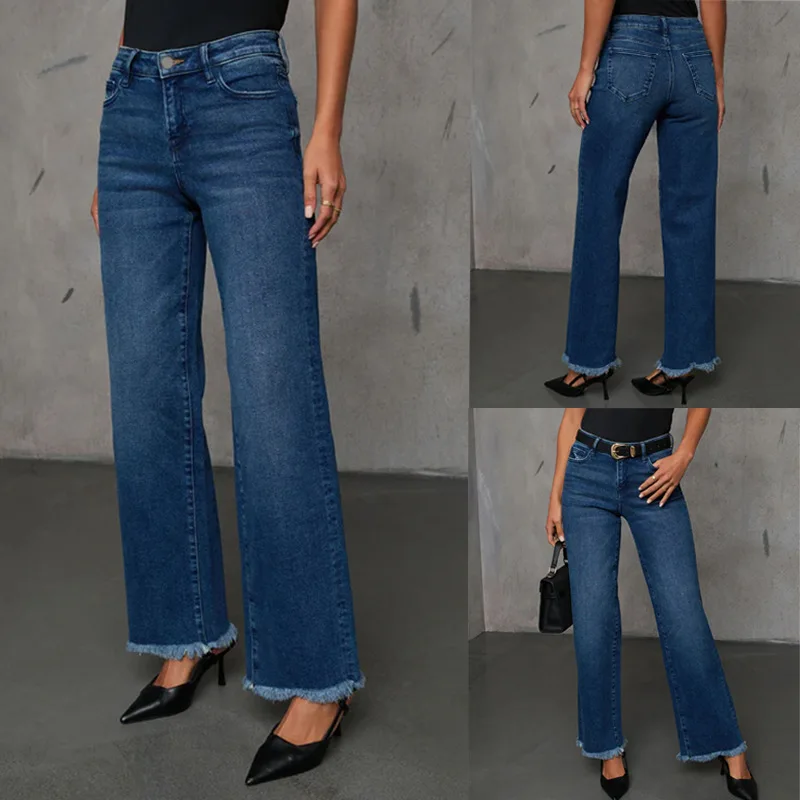 

Jeans Wide Leg Pants Women Denims Stretch Mid Waist Washed Distressed Pockets 2025 Vintage Office Lady Straight Trousers
