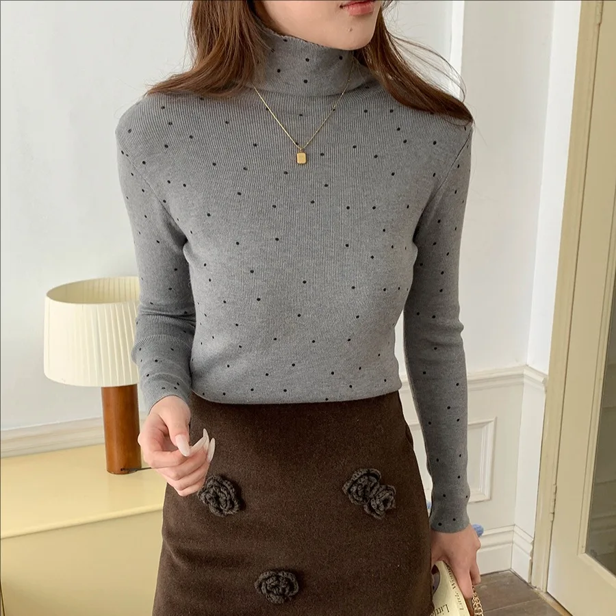 

Women's Winter High Neck Knitted Sweater Casual Dot Design Long Sleeve Top