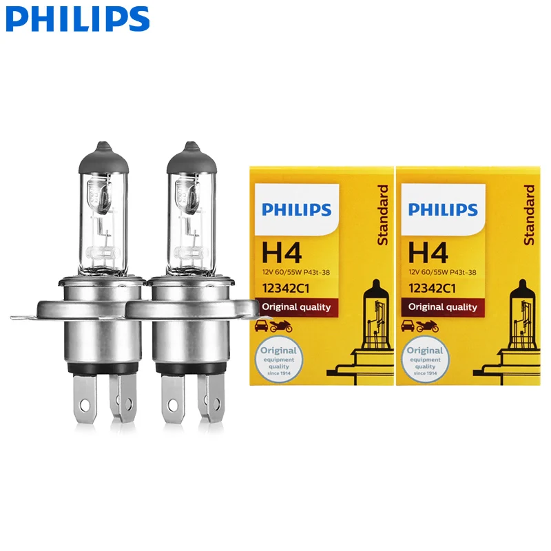 Philips 2PCS Vision H4 12V 60/55W P43t Original Car Halogen Head Lamps 3200K Standard Replace Genuine High Low Beam 12342, Pair