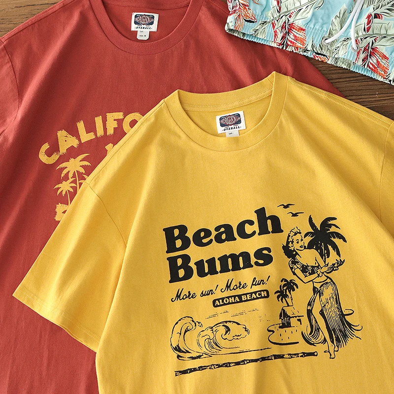 

Summer New American Retro Short Sleeve O-neck Hawaii Beach Printed T-shirt Men's Fashion 100% Cotton Washed Loose Casual Tops