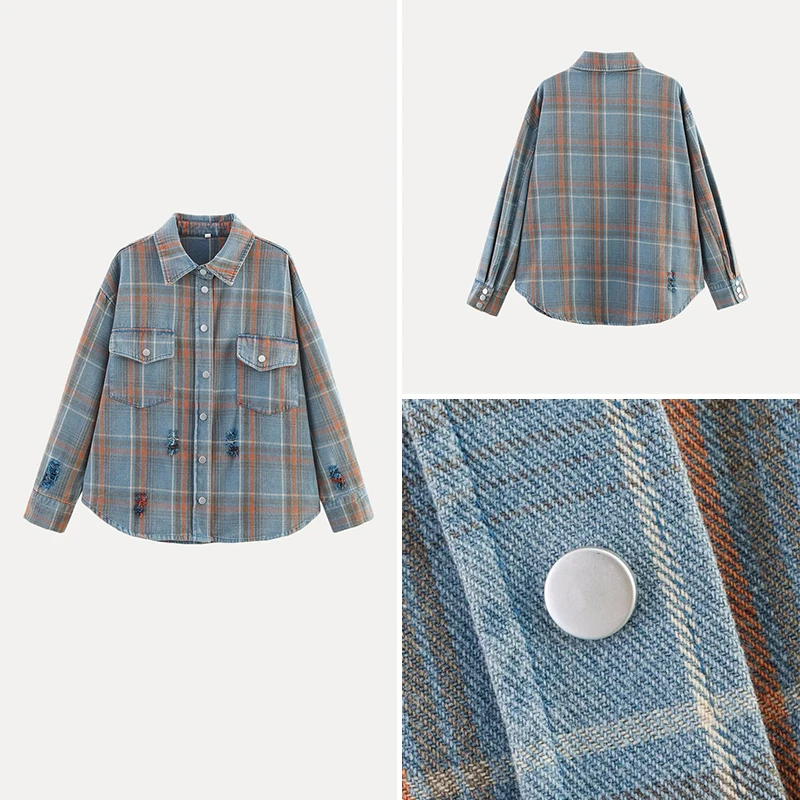 

Hand-Waed Blue Plaid irt Jaet Women's Faion 2025 Summer New Sle Long Sve Polyester Fiber Regular Length Collar