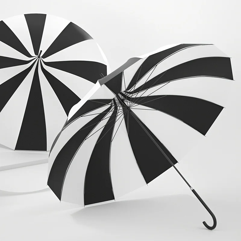 

Black and White Striped Grid Umbrella, Sun Umbrella, Fashionable 16 Bone Tower Umbrella Wedding Photography Long Handle Umbrella