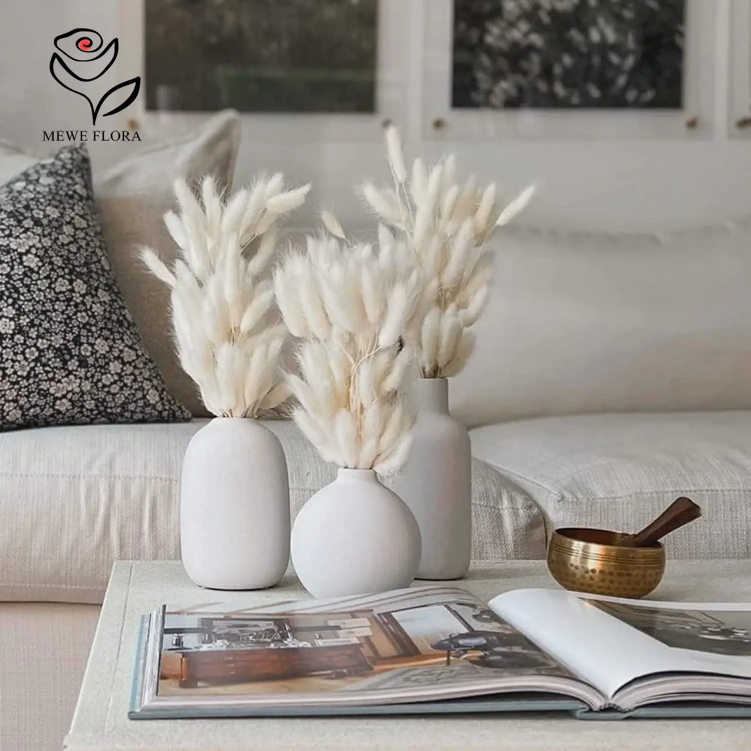 150PCS White Natural Fluffy Rabbit Tails Pampas Grass Decoration Home Dried Flower Arrangements Boho Rustic Wedding Decorative