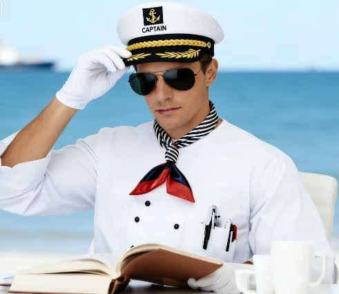 Conjunto de accesorios para fiesta de rol del capitán: sombrero sexy de marinero, sombrero alto, bufanda, gafas de sol, guantes blancos y una pipa.