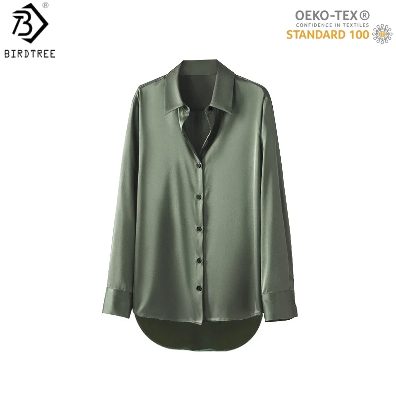 Birdtree, OEKO-TEX, 22MM 100% chemisier en soie véritable, simple boutonnage, chemise décontractée à manches longues et revers solide pour femmes, nouveaux hauts 2026 T61107JF