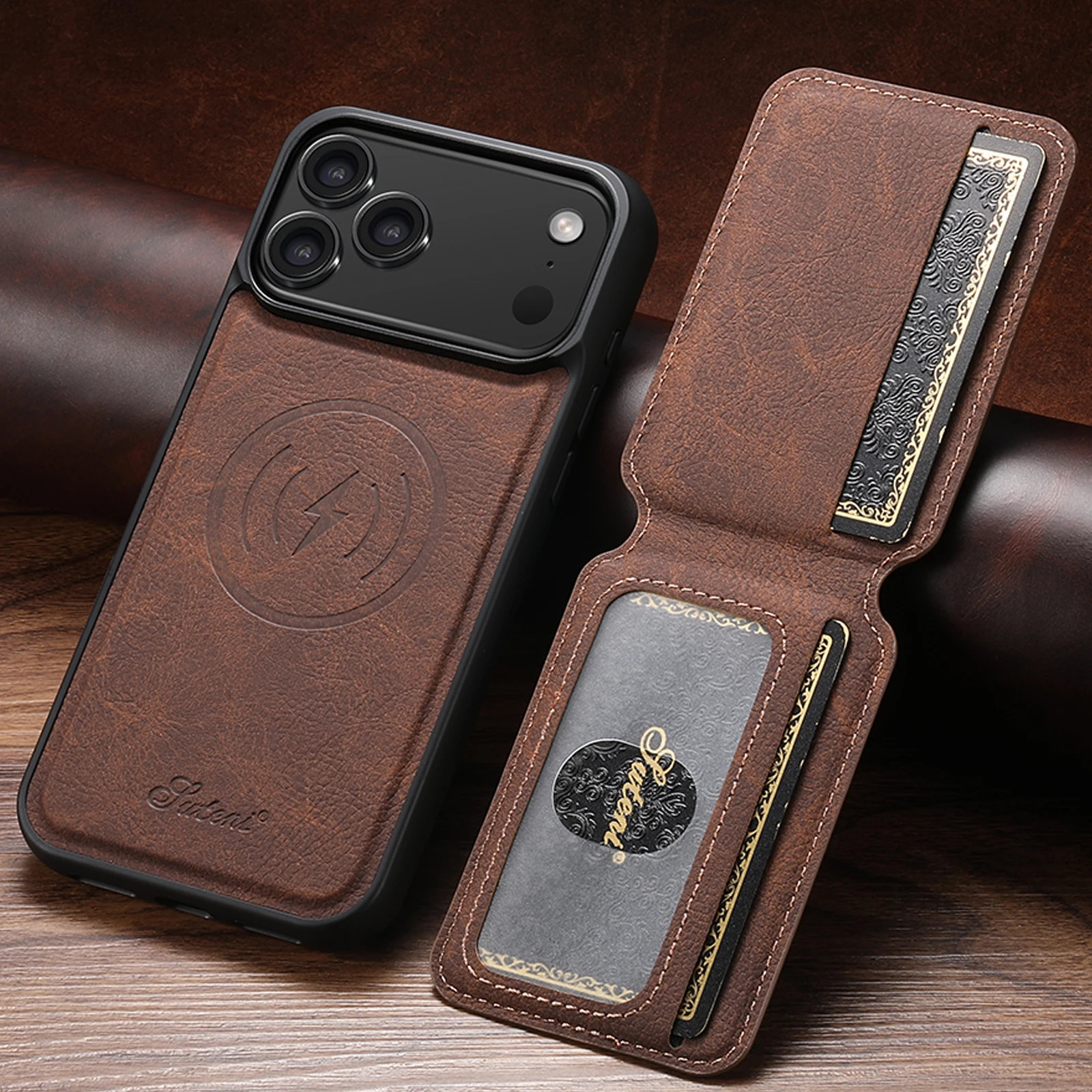 SUTENI Drahtlose Lade Telefon Fall Magnet Karte Halter Stehen Kunstleder Für iPhone 17 Pro Max 16 Plus 15 14 13 12