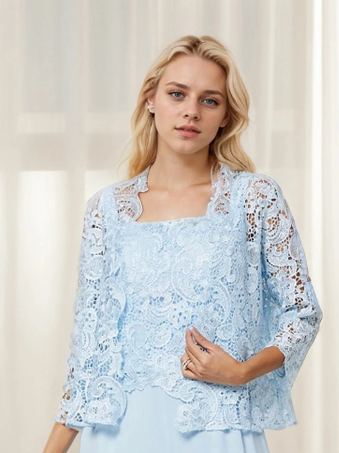 エレガントな3ピースイブニングドレス、レースシフォン、7分袖、スクエアネック、床丈、ウェディングゲストドレス2025、無料カスタマイズ