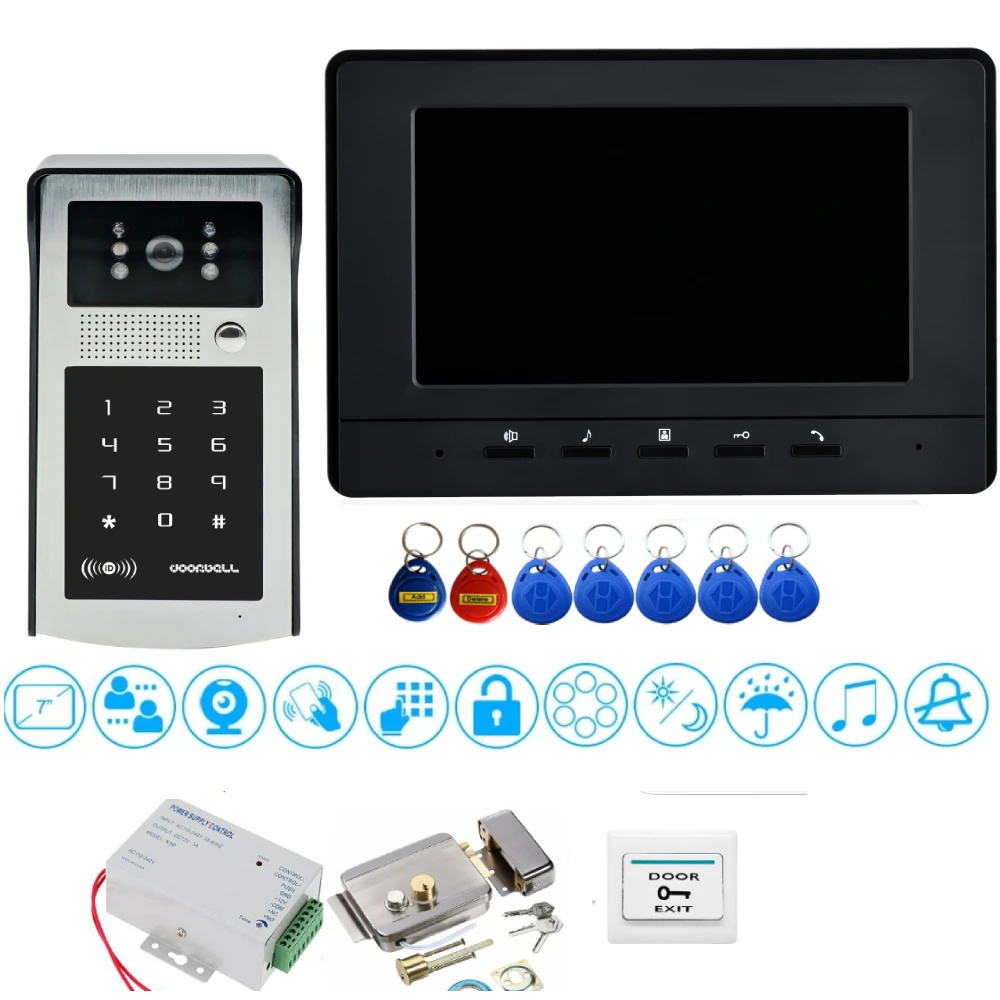 7 inch Video Door Phone Intercom Entry System 1 Monitor + 1 Password RFID Outdoor Camera +Password RIFD card Unlock