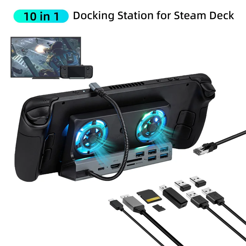 10 in 1 HDMI-Compatible 2.0 4k@60hz Gigabit Ethernet Full Speed Charging for Steam Deck Docking Station with LED Cooling Fan