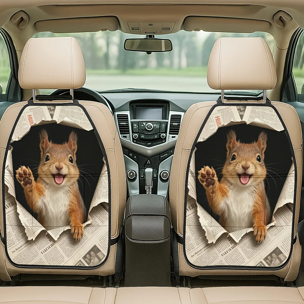2pcs 2D Printed Car Seat Back Protector Mats Squirrel Breaking Paper And Cute Full Theme Pattern Printed Car Seat Back Protector