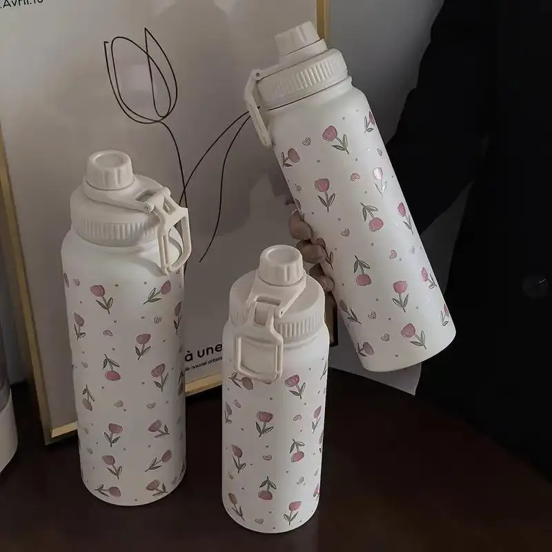 Taza aislada con lazo, vaso de acero inoxidable con lazo rosa, botella de agua para escuela al aire libre, botellas de agua portátiles para beber café