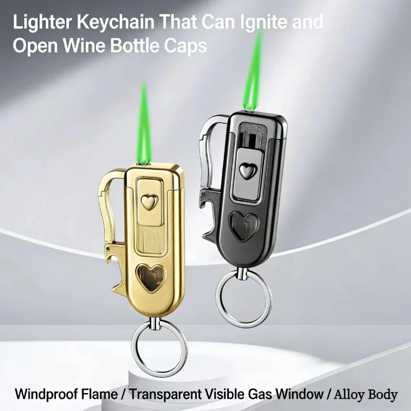 Multifunctional Portable Keychain Windproof Jet Green Flame Butane Gas Lighter Portable Bottle Opener Inflatable Lighters Gadget