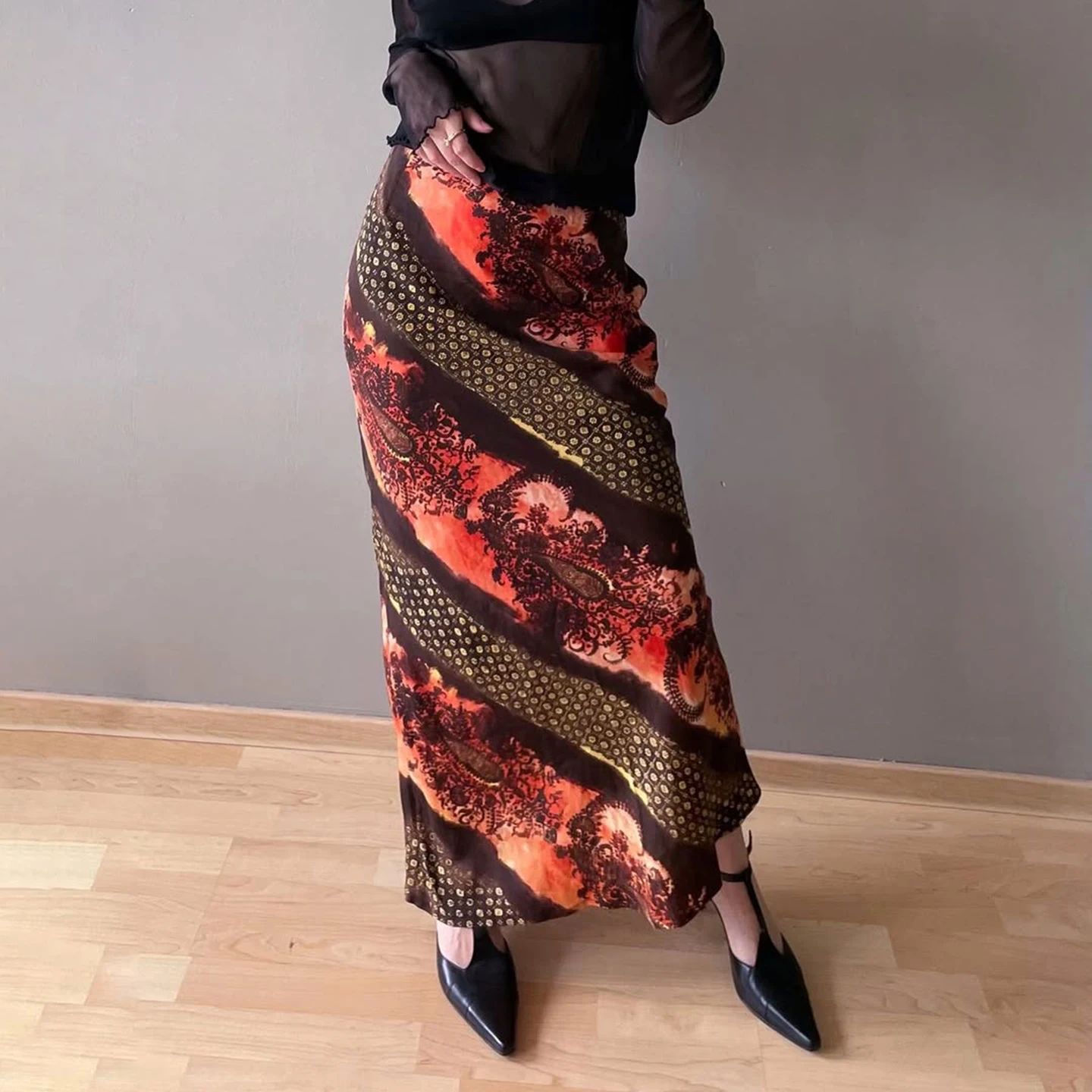 

SUCHCUTE Retro-Print Mesh Skirt Women's Low Waist Straight Long Skirts Y2k Streetwear 90s Outfits Spring Summer Clothes Vacation