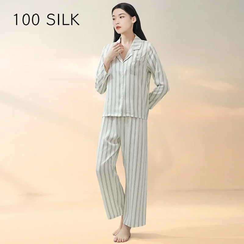 100% Mulberry Silk Couple Long-sleeved Trousers Suit Striped Silk Pajamas Leisure Home Wear Lapel Cardigan 2 Piece Set Pijamas