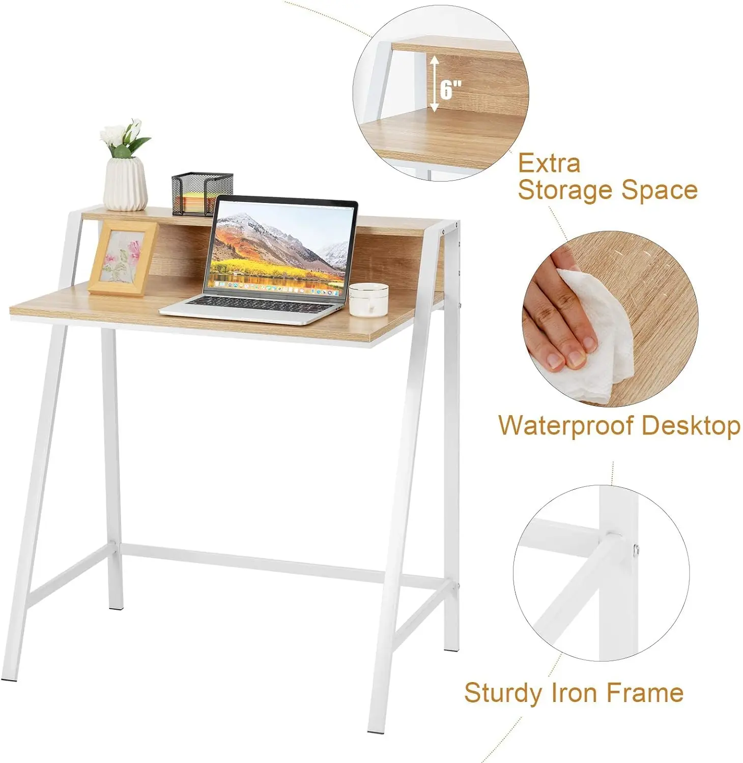 Small Computer Desk,Compact Home Office Desk with Sturdy Frame,2 Tier Study Writing Table for Small Place Apartment Office