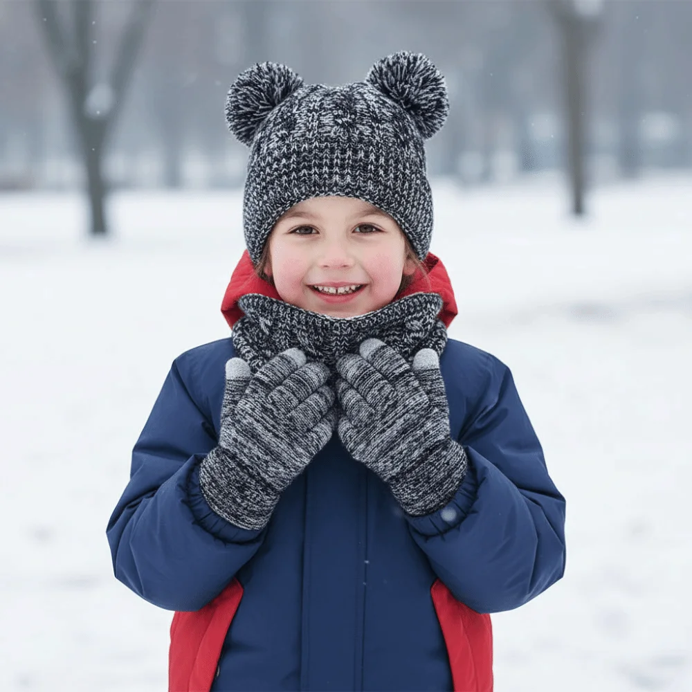 

Cute Pompom Baby Hat Scarf Gloves Set Warm Ears Keep Warm Toddler Knitted Hats Multicolor with Velvet Hat Set Autumn Winter