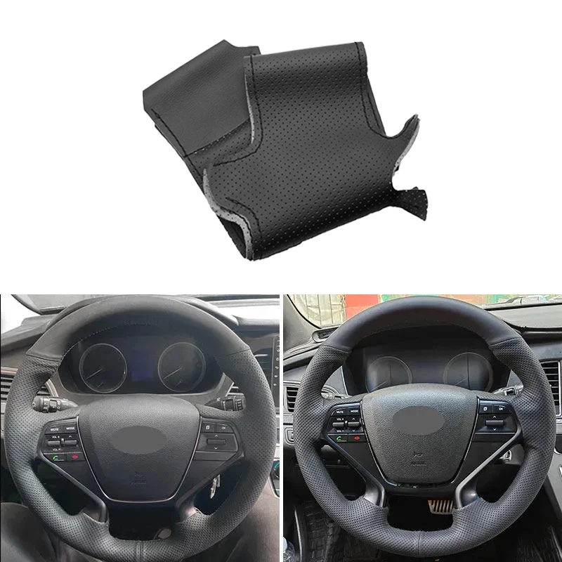 For Hyundai Sonata 9 2015 2016 2017 (4-Spoke) Hand Stitched Car Interior Steering Wheel Cover Perforated Leather Trim Black