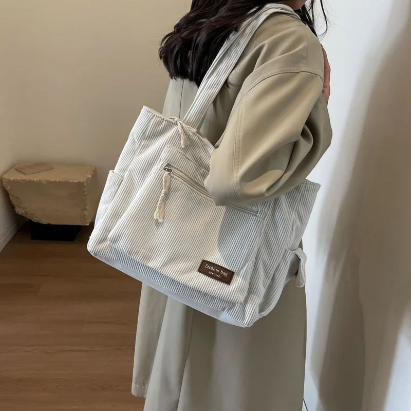 Simple Corduroy Tote Bag, Solid Color Shoulder Bag, Retro Multi Pockets Handbag For School Work Shopping