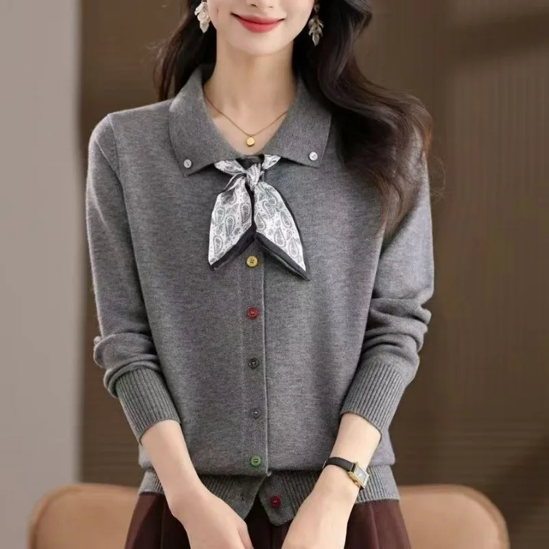 

Осень-зима 2022, новый стильный лоскутный свитер на пуговицах с лацканами, однотонный универсальный повседневный вязаный топ с длинными рукавами