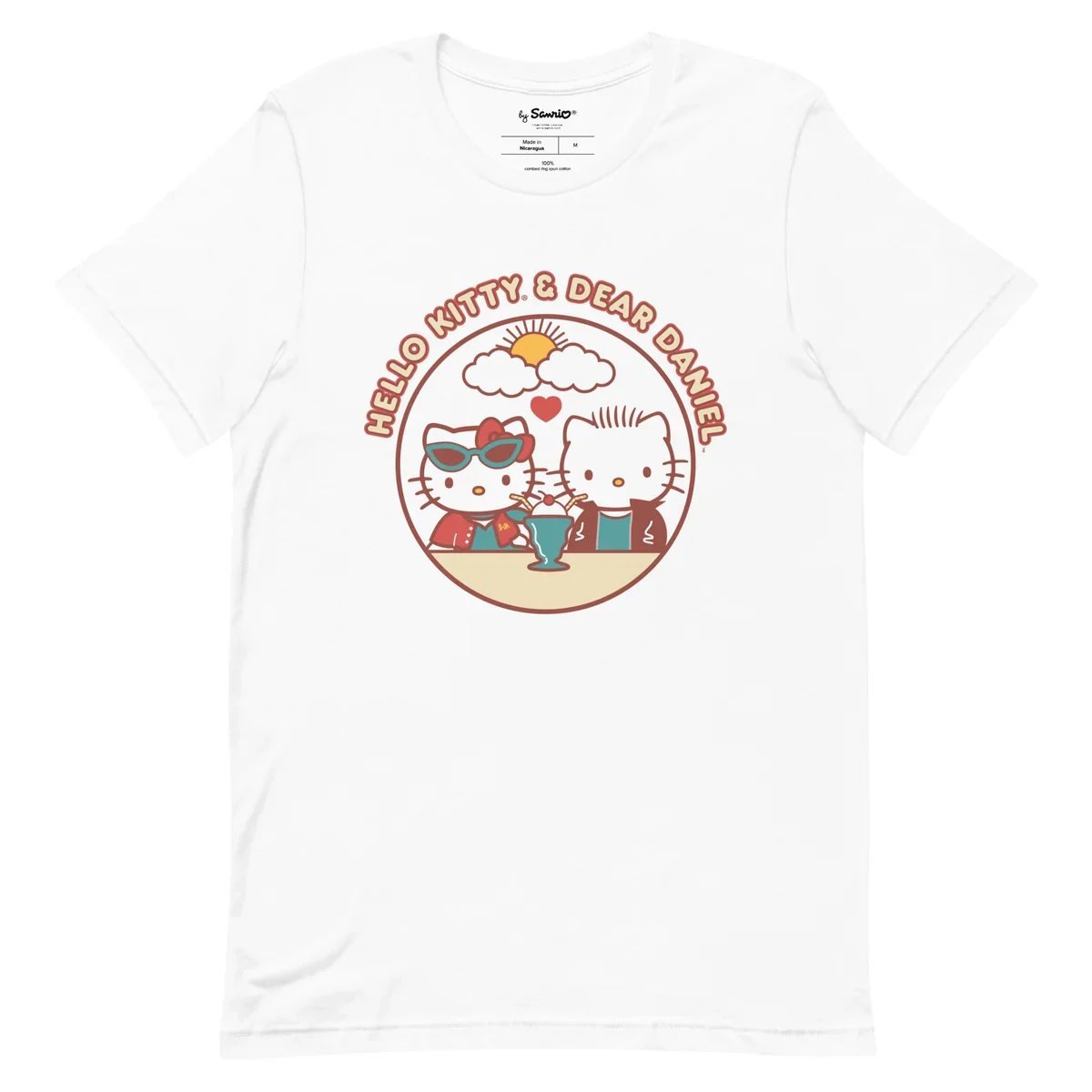 Hello Kitty & Dear Daniel Circle Print T-shirt Women Cute Cartoon Couple Graphic Short Sleeve Tee Regular Fit White Pink