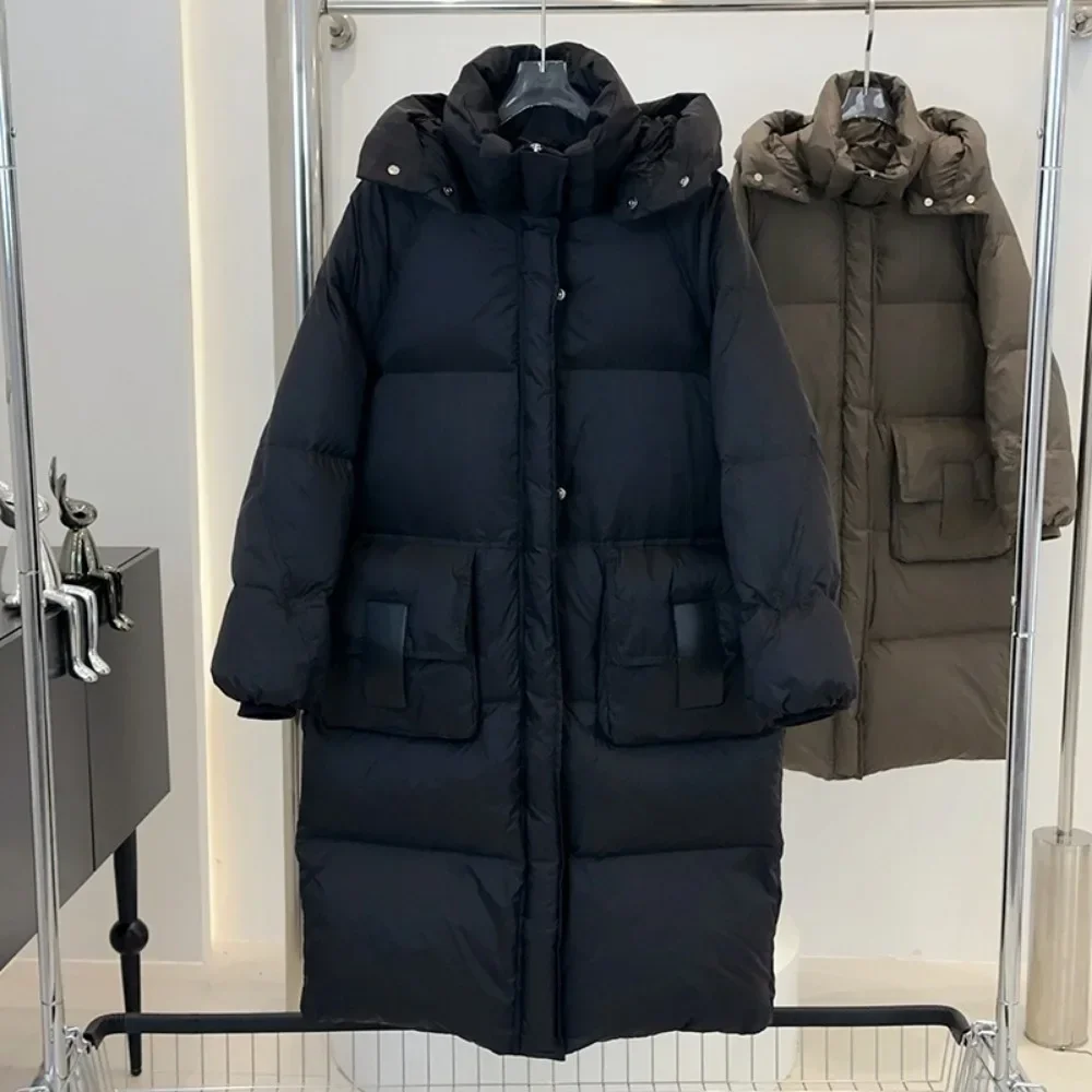 2025 جديد الشتاء رشاقته الدافئة مقاوم للماء بطة أسفل معطف رقيق سترات مقنعين الركبة طول فضفاض سترة منفوخة أسفل سترة النساء #2