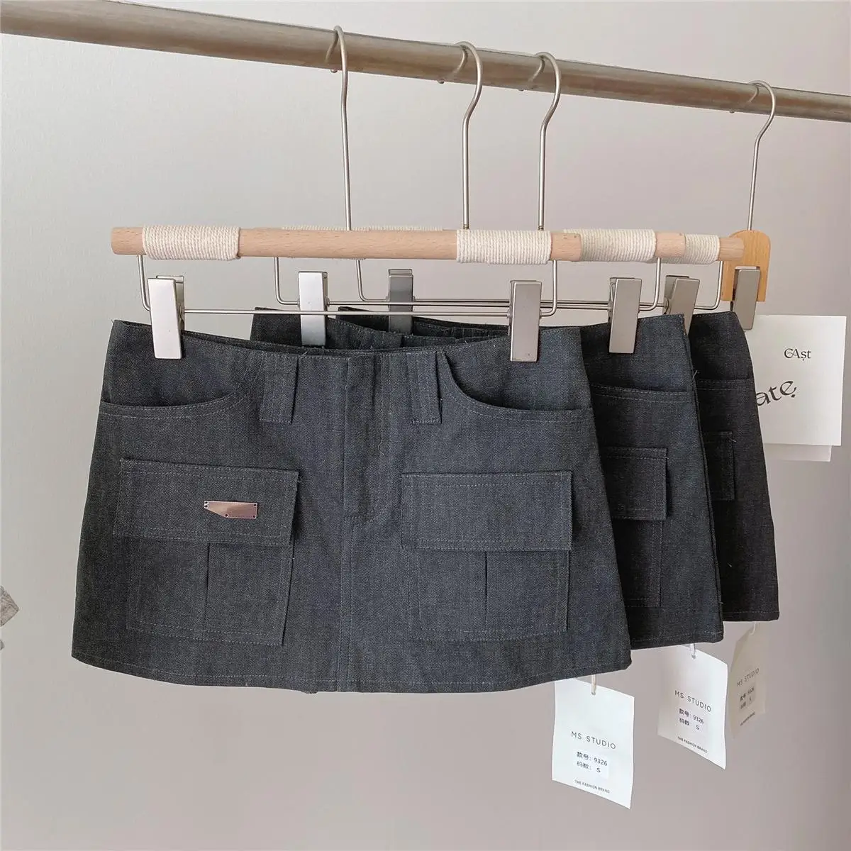 Retro Gray Tooling Cargo Short Skirt Women Summer High Waist A Word Spice Girl Hip Skirt Culottes