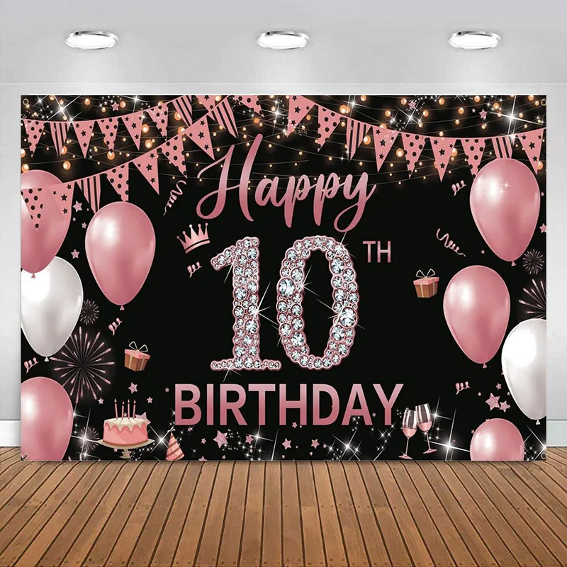 

Happy 10th Birthday Decorations Backdrop Banner Rose Gold Decoration for Girl Birthday Party Photo Photography Poster Banner