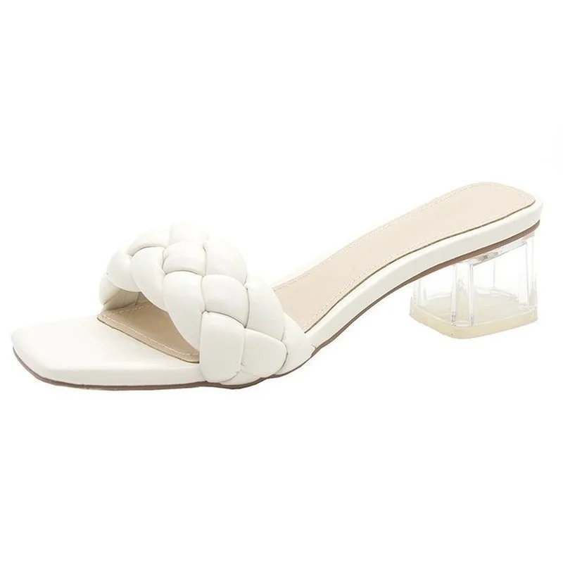 2022 Plus Size Summer Slipper Women Twist Woven Slippers Women's Thick Heel Crystal Heel Fashion High Heels Sexy Woman Shoes