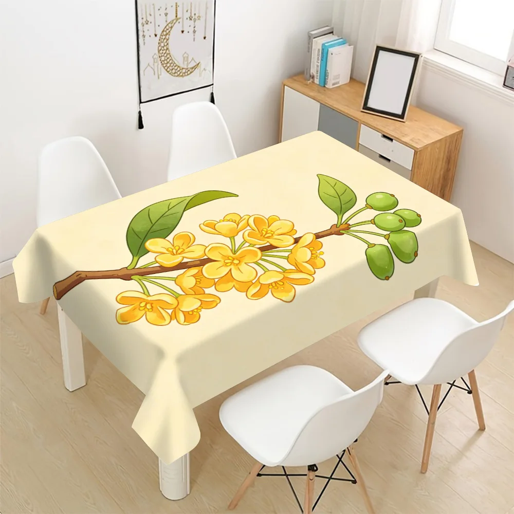 Osmanthus Flower Tablecloth, Cream Background With Floral Branch Pattern,Waterproof Table Cover for Daily Meals & Home Party Use