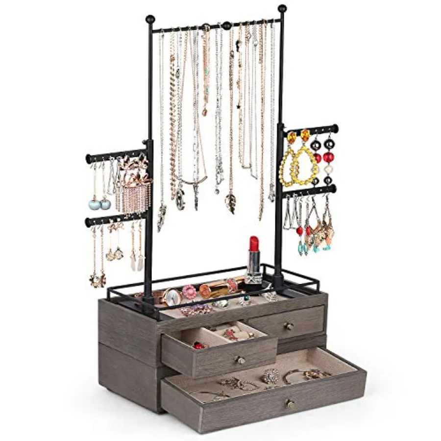 

Jewelry Organizer - 2 Layer Wooden Jewelry Drawer Storage Box with 6 Tier Jewelry Tree Stand Jewelry Display for Necklaces Brac