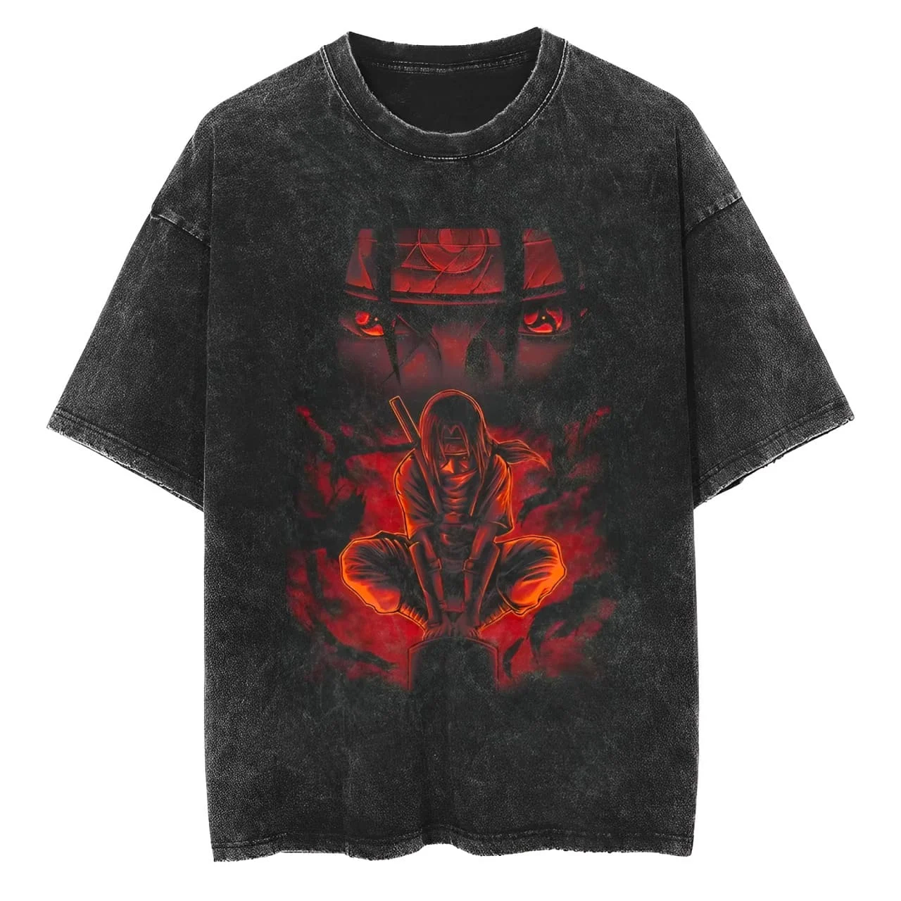 Naruto Itachi Uchiha T-Shirt Sharingan Rot Vintage Acid Wash Streetwear Übergroßes Retro Anime Grafik Baumwoll-Herren-T-Shirt