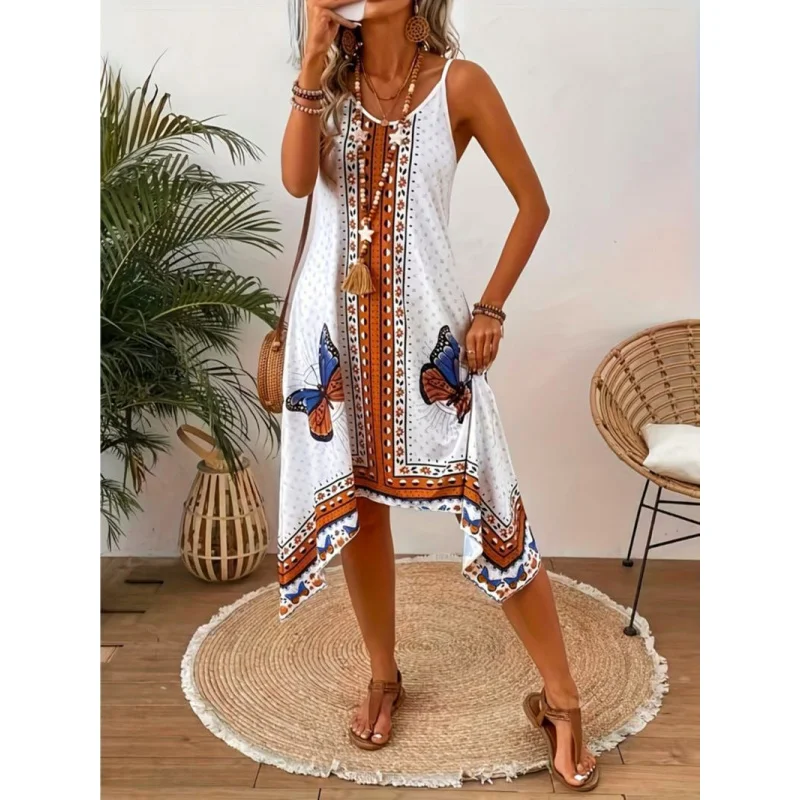 European and American Women's New Dress V-neck Sleeveless Sexy Printed Large Hem Foreign Trade Dress