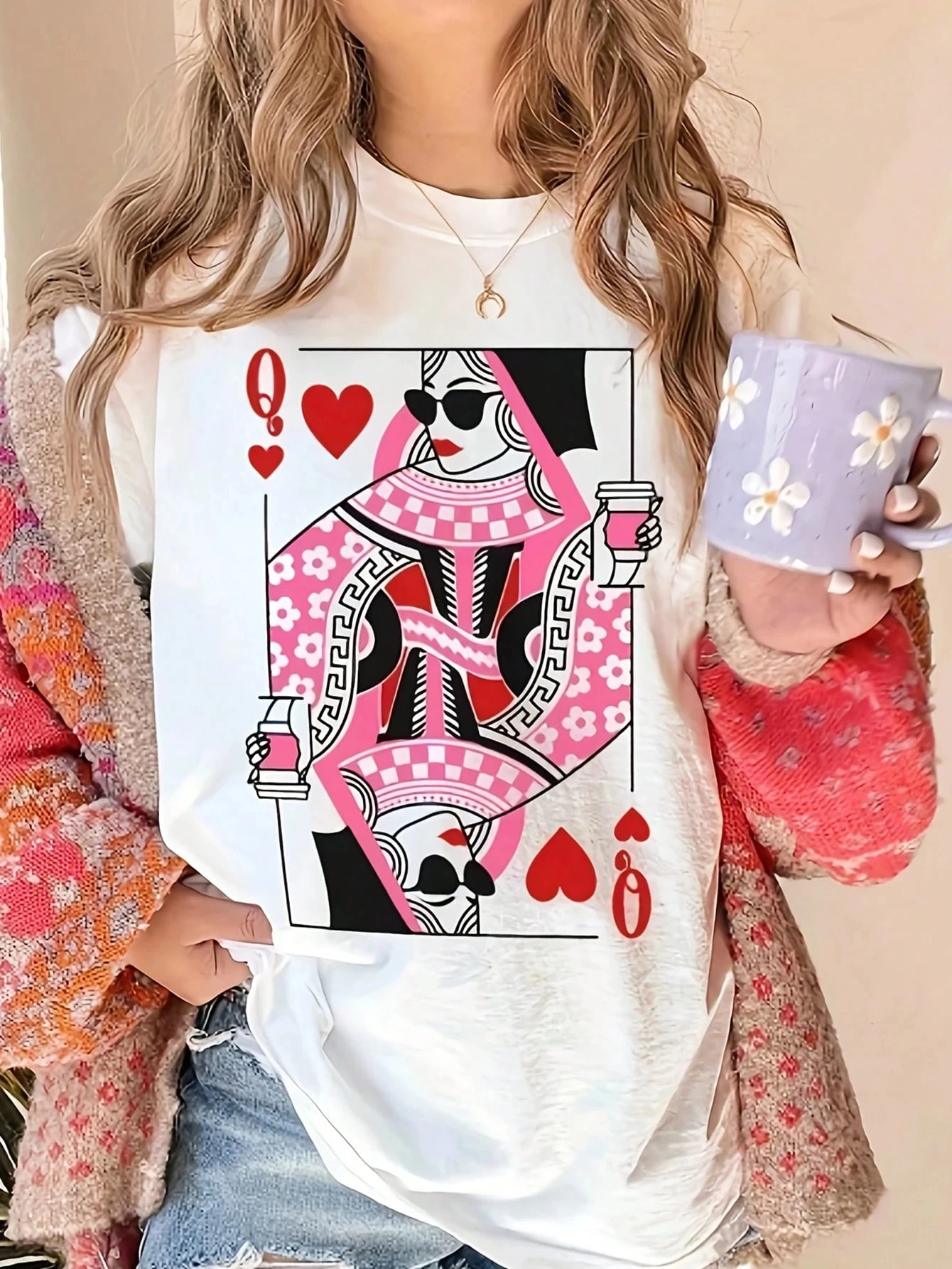 2026 Family Matching Outfit T‑Shirt Queen Of Hearts Poker Card Print Mother Daughter Casual Parent‑Child Short Sleeve Tee Tops