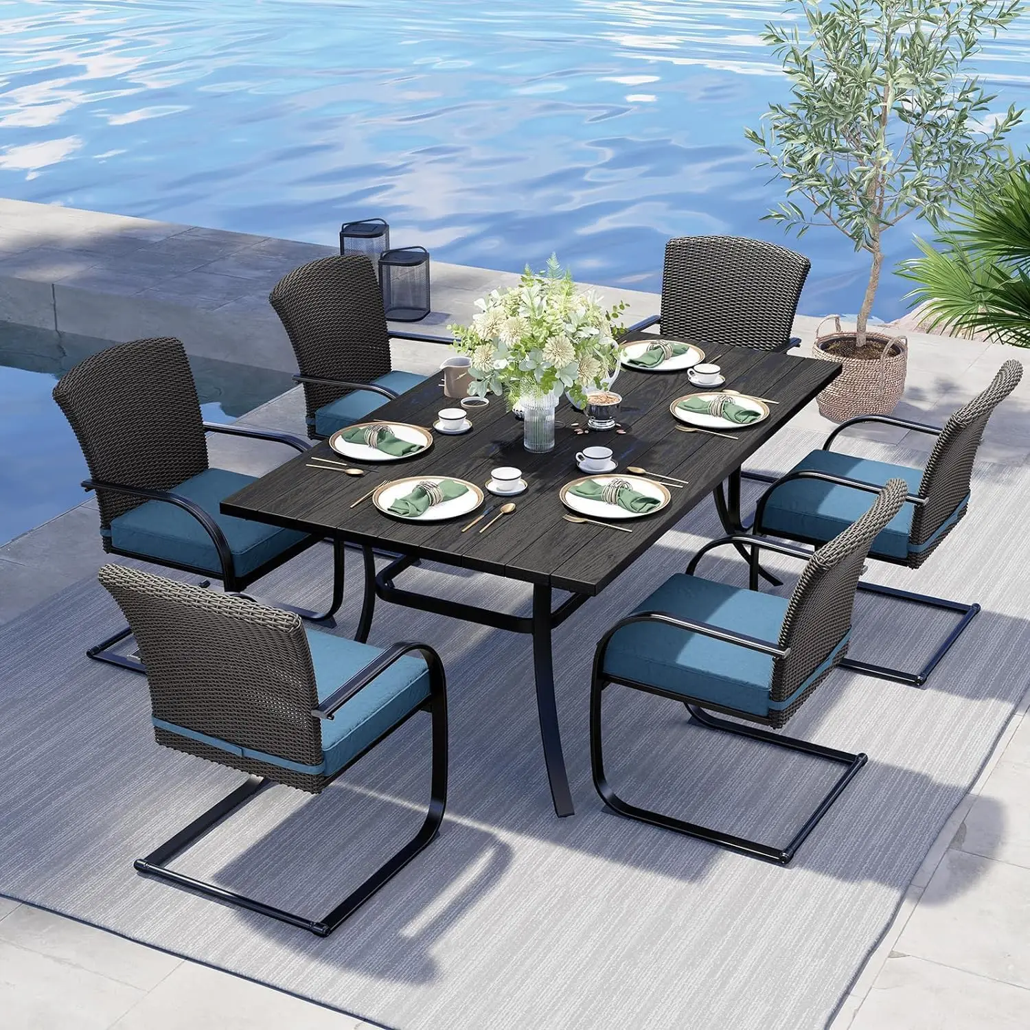 

Outdoor Dining Table Set of 7 Modern Woodgrain Look Table with Umbrellas Holes C Spring Motion Wicker Chairs 6 Patio Furniture