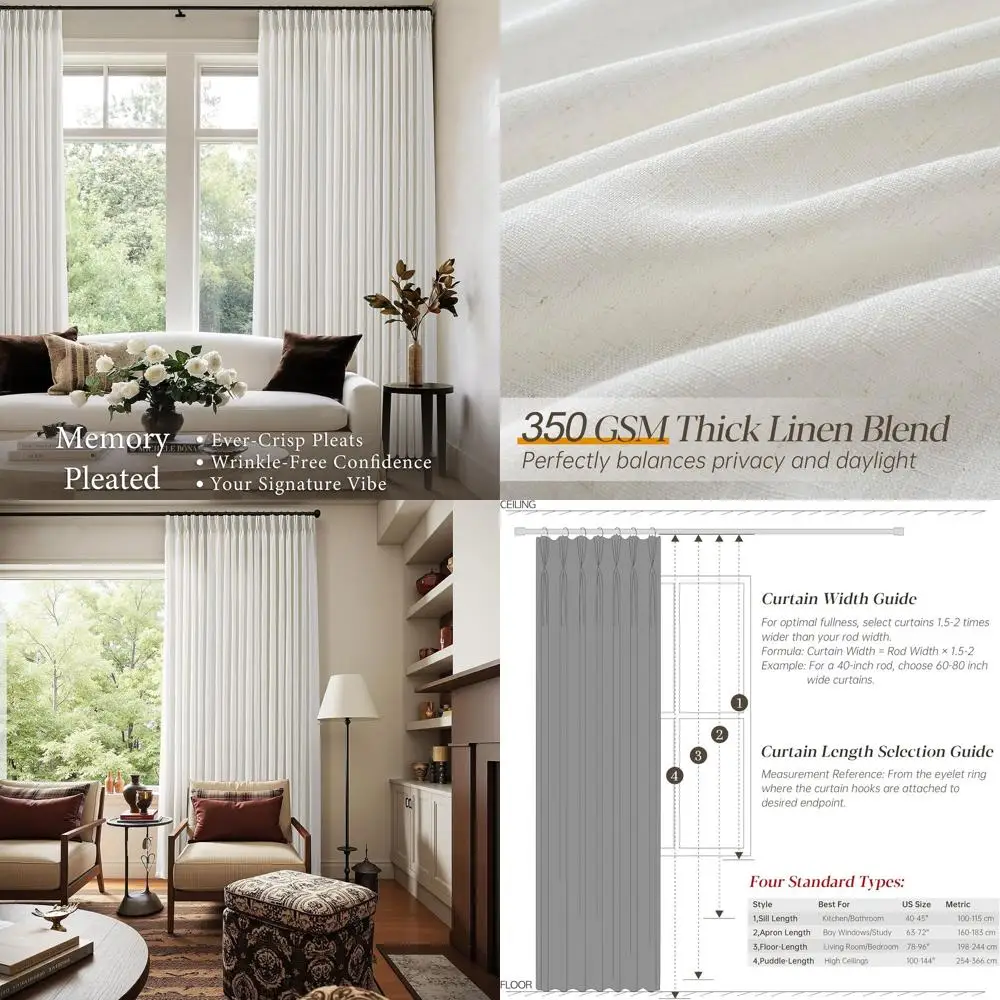 Cream Ivory 108 Flax Pleated Linen Curtains with Memory Light Filtering and Back Tab for Track System