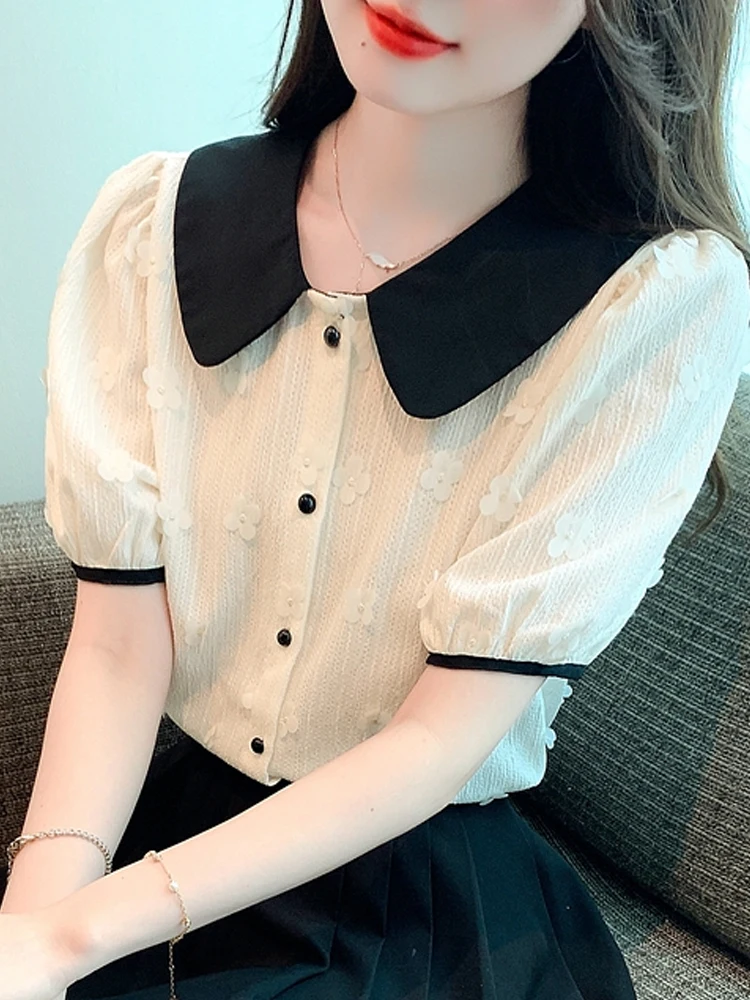 Summer Short Sleeve Blouse Women Blusas Mujer De Moda 2024 Verano Doll Collar Apricot Chiffon Blouse Shirt Women Tops Blusa G670