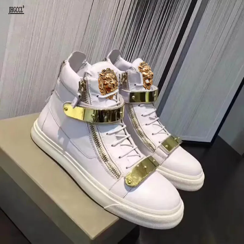 Leather white shoes, high-end brand, high-quality men's casual top grade, couple metal buckle sports shoes, women's board shoes