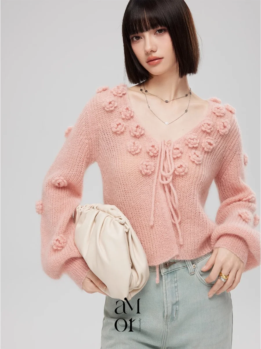 

Ayemorrey 'Flower Pose' Handmade 3D Flower Pink Cashmere Open Cardigan Knitted Top Sweet Style Loose Fit Long Sleeve V-Neck S...