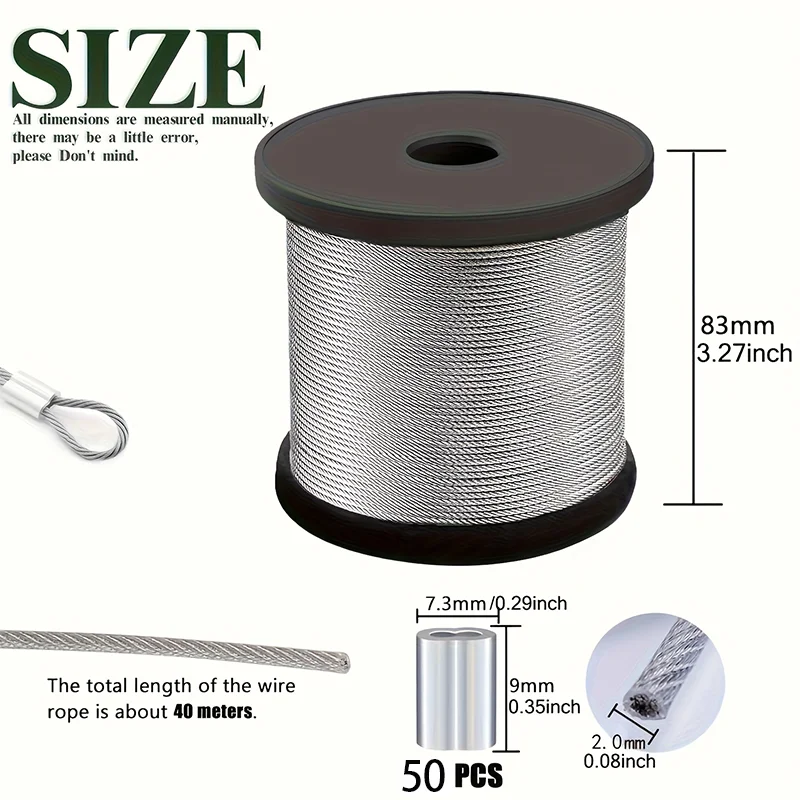 حبل سلكي من الفولاذ المقاوم للصدأ 304، مجهز بـ 50 مشبكًا من الألومنيوم، كابل مطلي بالبولي فينيل كلوريد، 2.0 مم، الطول 30/ 60 مترًا، مناسب لتعليق إطارات الصور والستائر وقضبان سطح السفينة