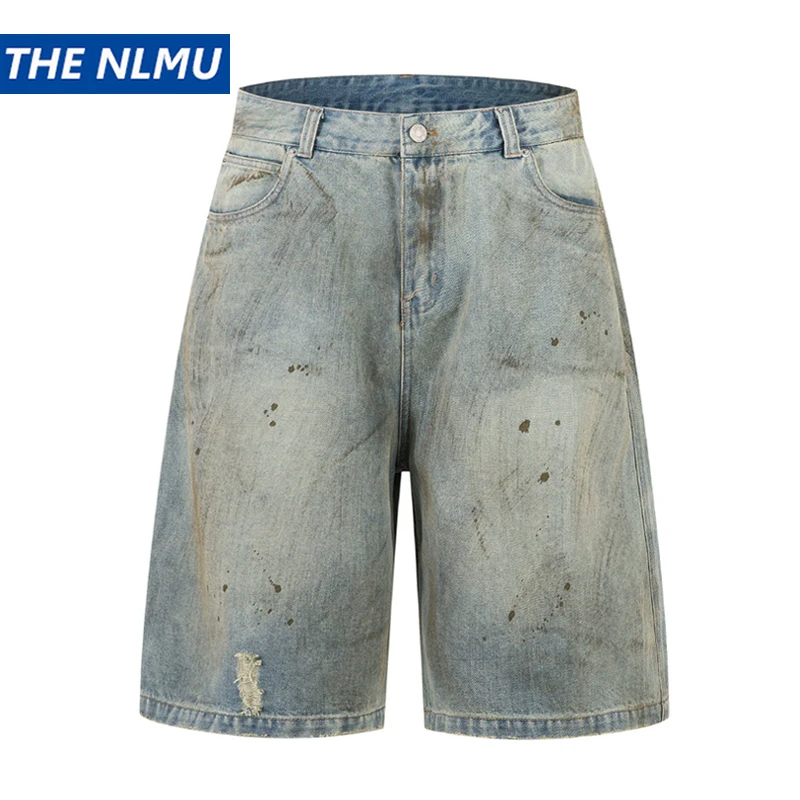 

Men Summer High Street Ripped Denim Shorts Vintage Dirty Wash Distressed Mid-Length Jeans Casual Short Pants